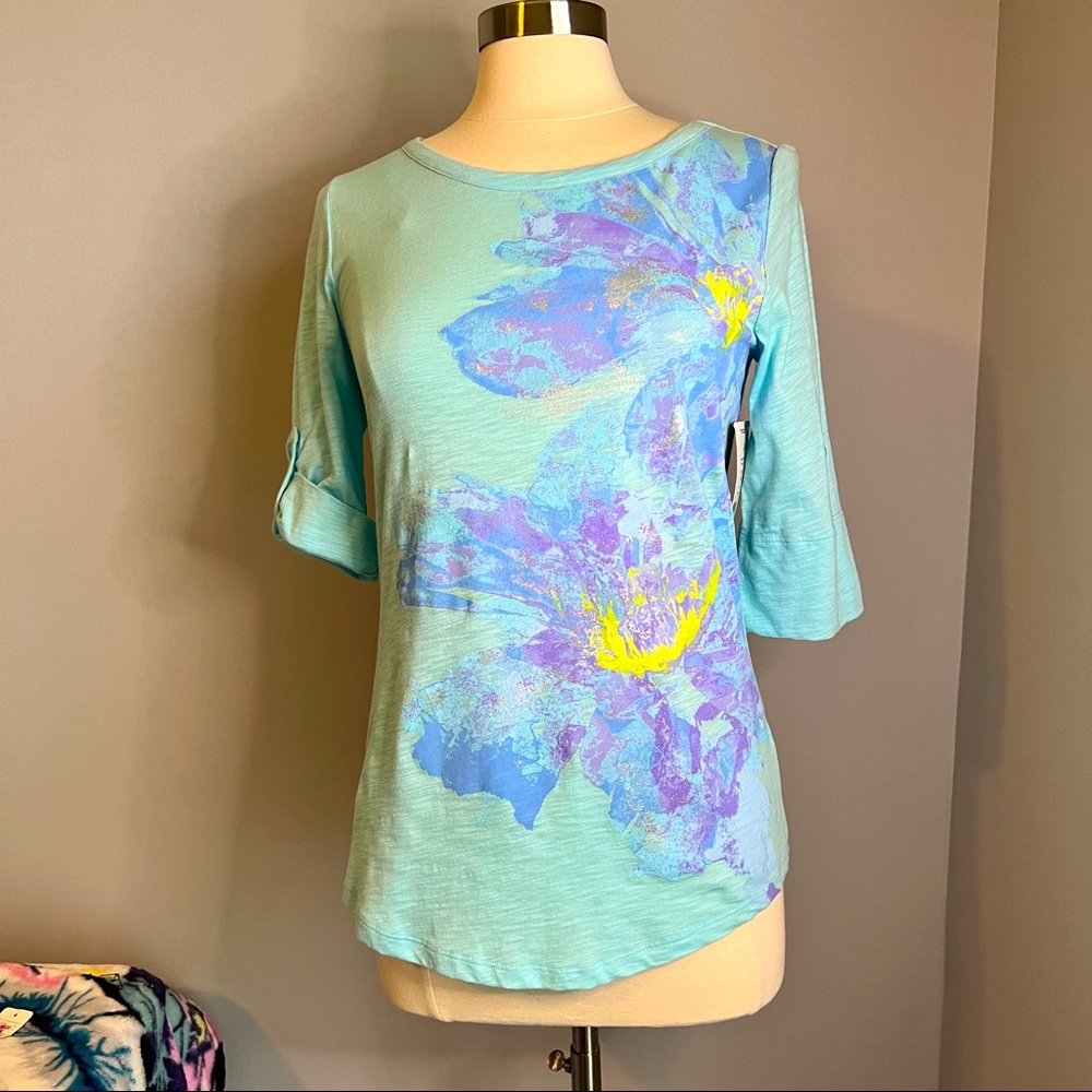 White Stag Small Blue Floral Metallic Print Top Shirt Tee T-Shirt